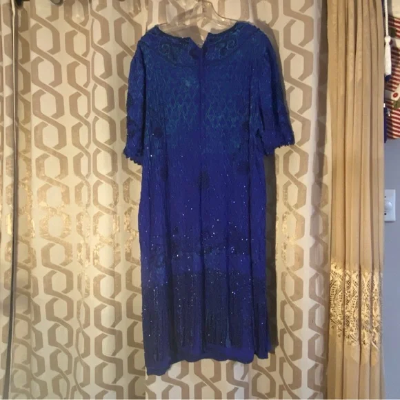 Vintage Laurence Kazer New York Y2K 100% Silk Elegant Blue Beaded Dress Size 3X - Picture 6 of 15